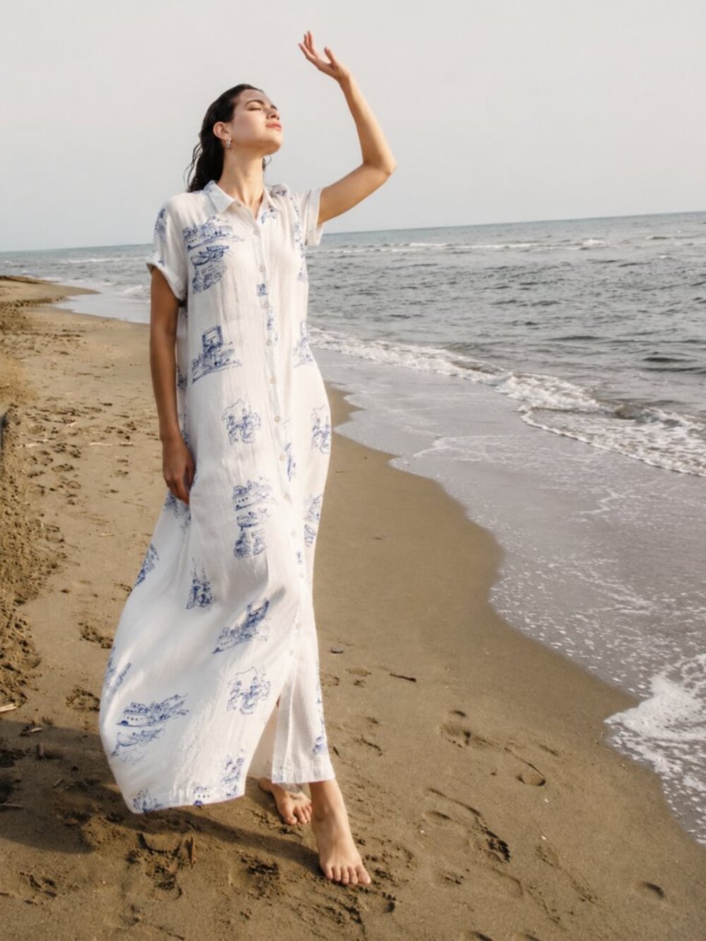 C&C California L Linen Maxi Shirt Dress Blue Toile Mediterranean Coastal Beach